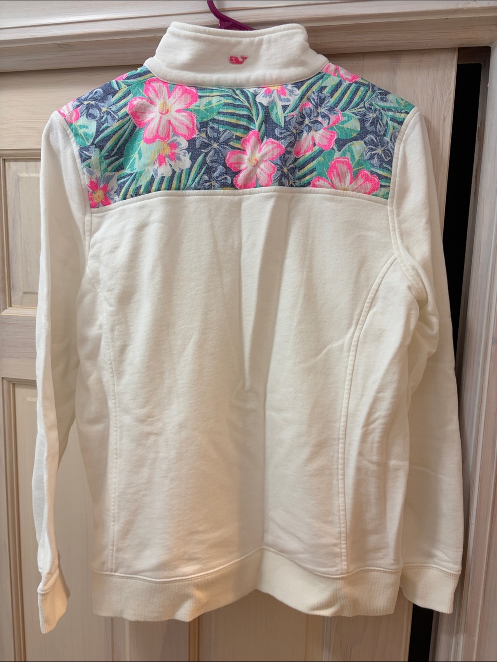 Vineyard Vines white Pullover with Pink & Teal Floral Shoulder Panels - Picture 2 of 5